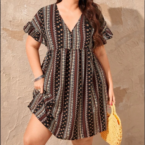 Dresses & Skirts - Boho Plus Size Floral Stripe Ruffle Sleeve Mini Dress